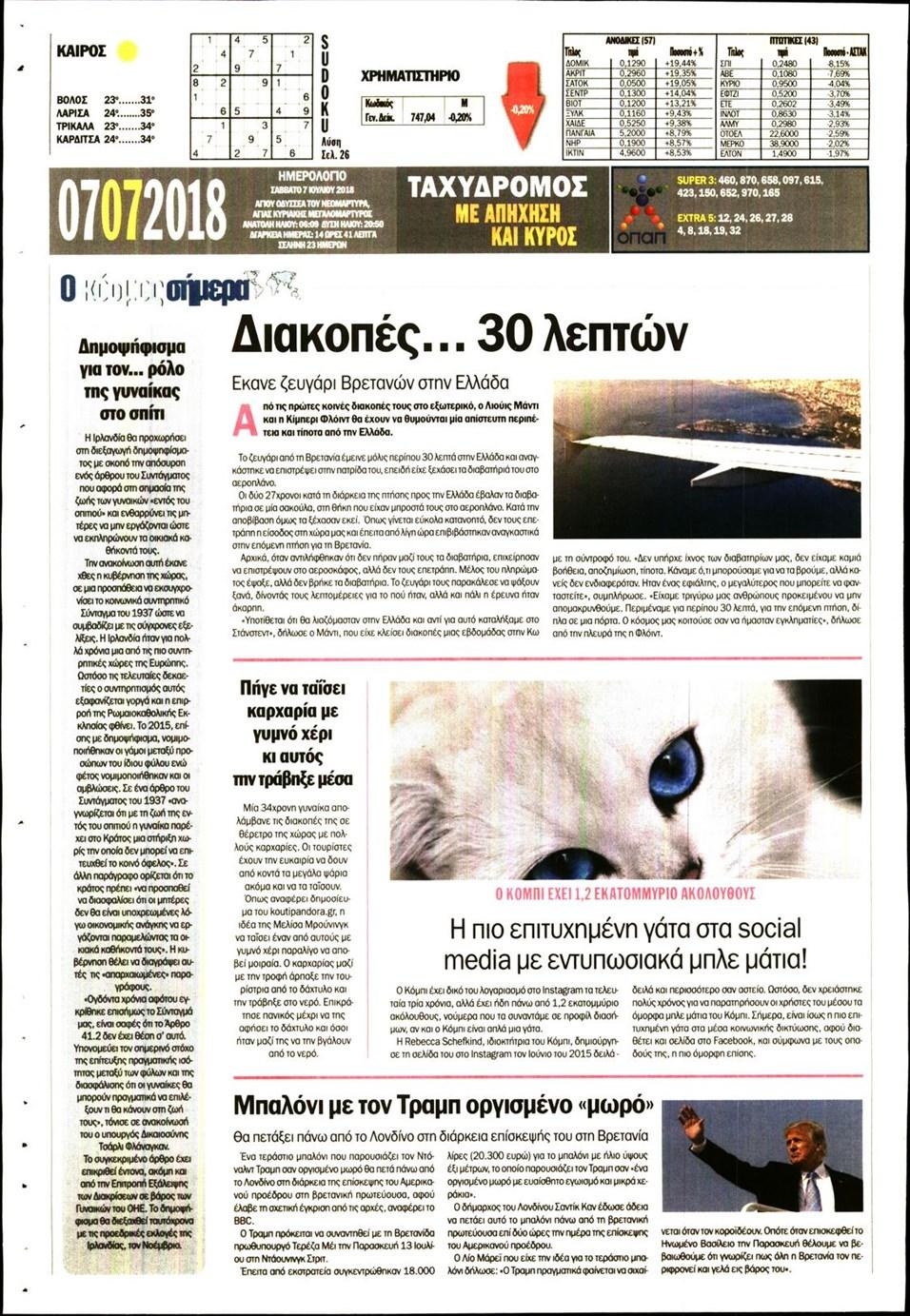 Οπισθόφυλλο εφημερίδας Ταχυδρόμος 22/09/2026