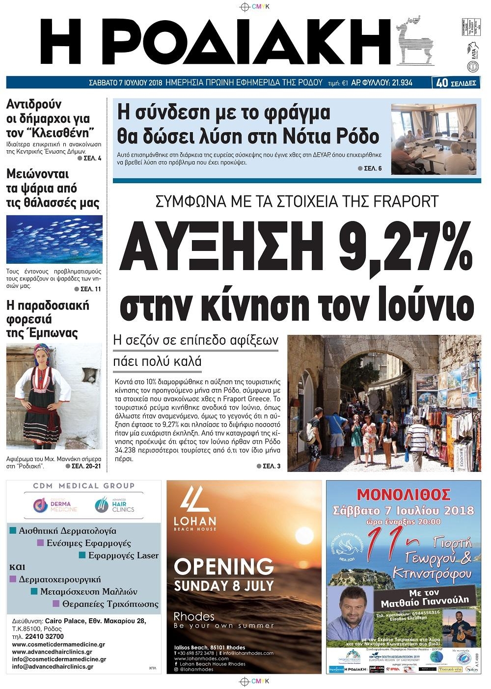 Πρωτοσέλιδο εφημερίδας Ροδιακή 22/09/2026