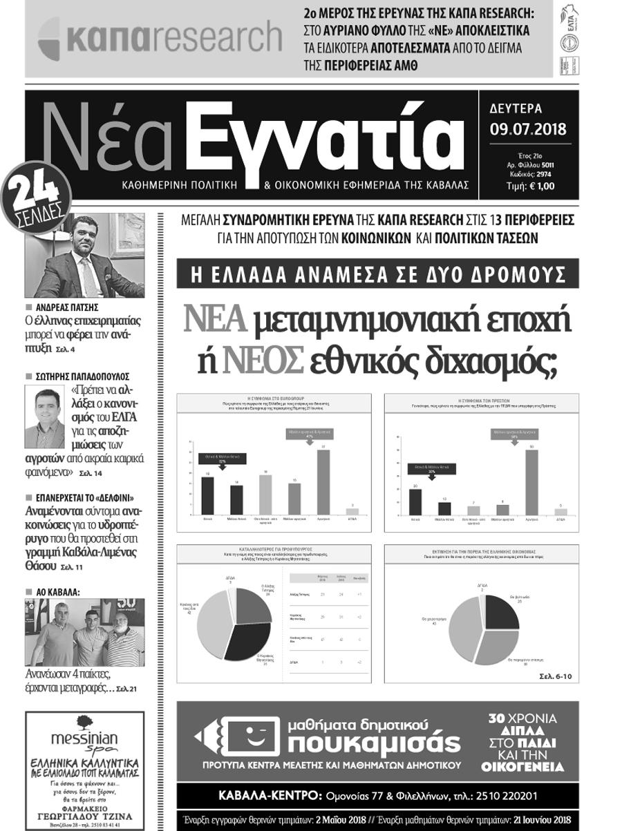Πρωτοσέλιδο εφημερίδας Νέα Εγνατία 24/09/2026