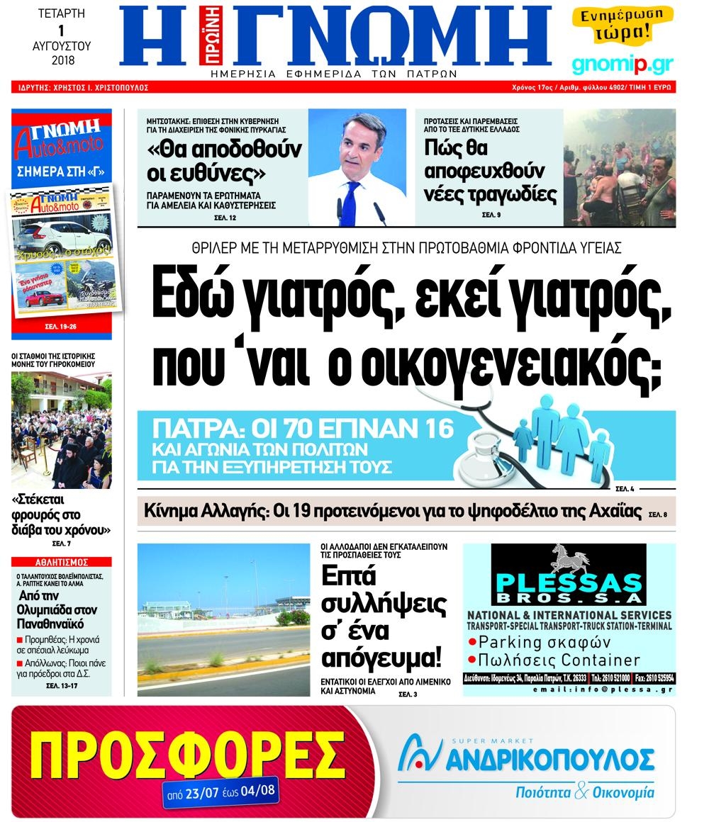 Πρωτοσέλιδο εφημερίδας Γνώμη της Πάτρας 17/10/2026