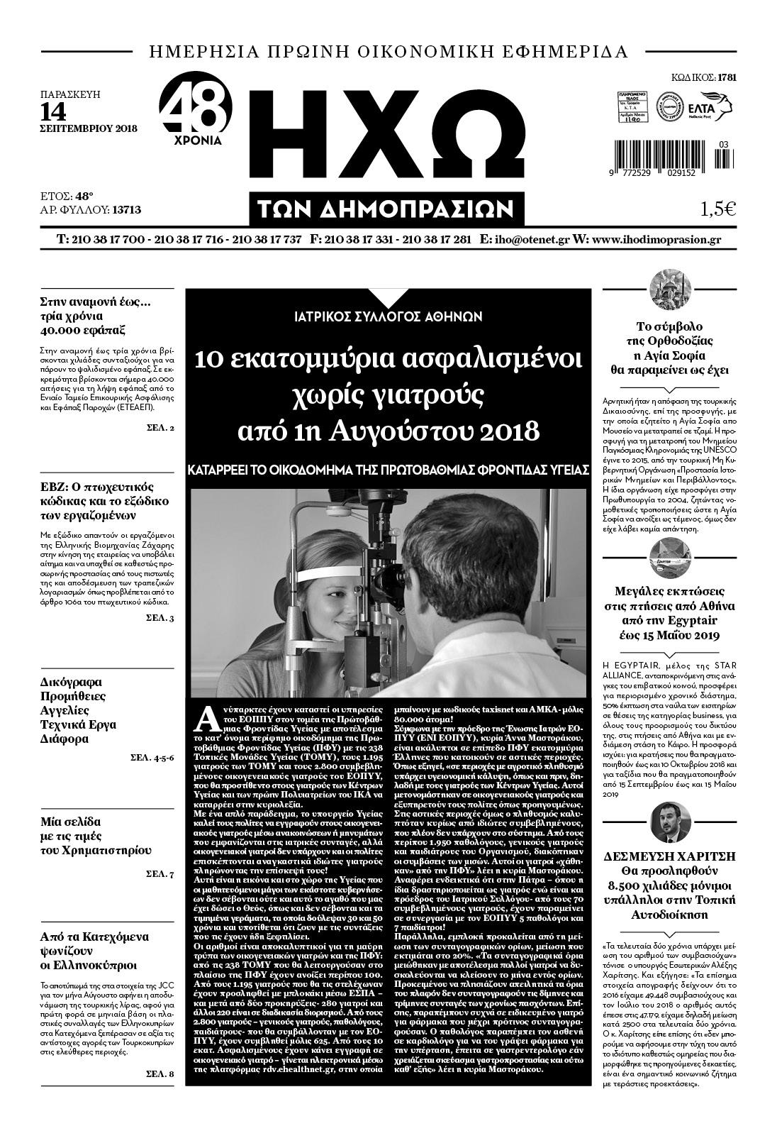 Πρωτοσέλιδο εφημερίδας Ηχώ