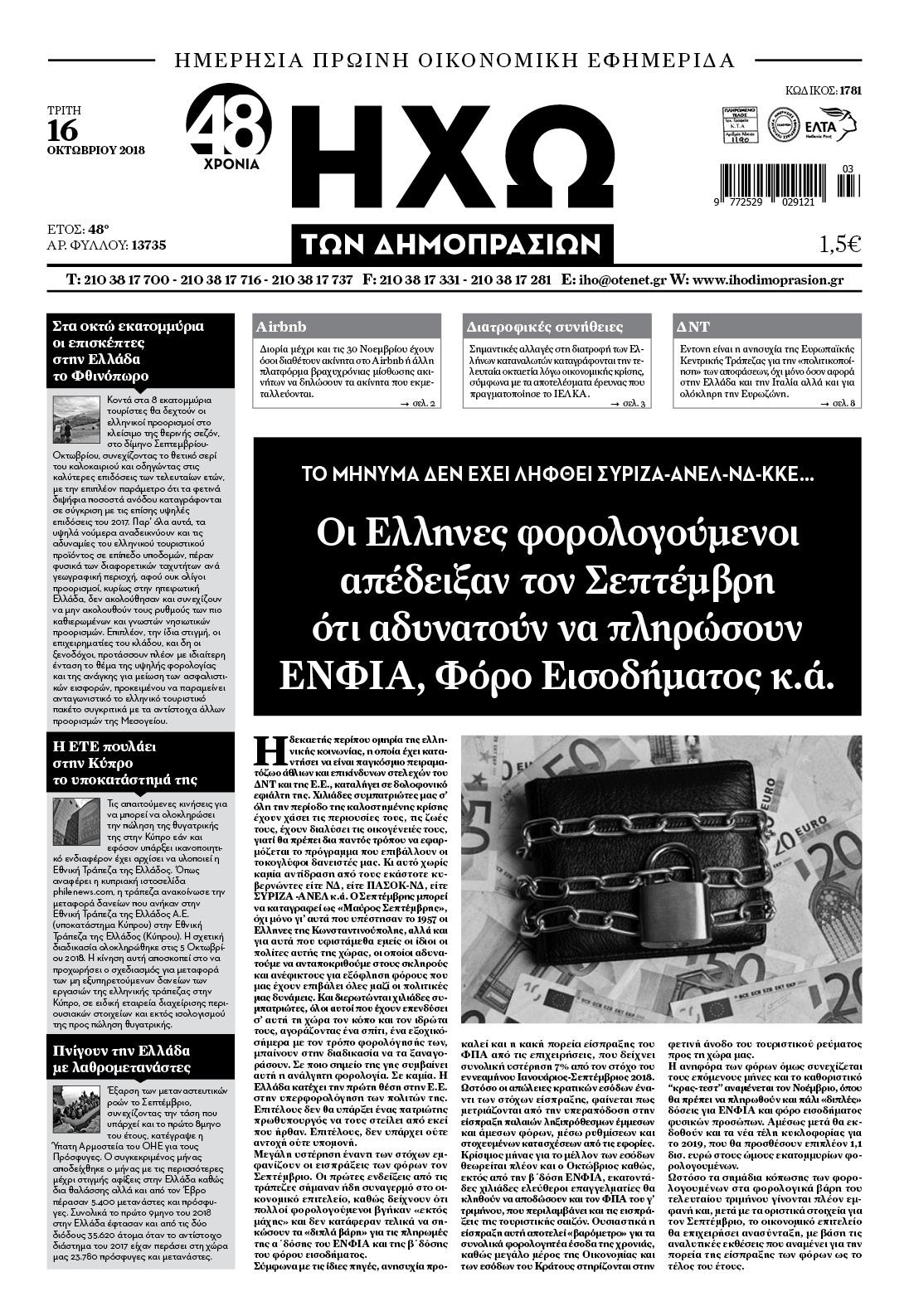 Πρωτοσέλιδο εφημερίδας Ηχώ