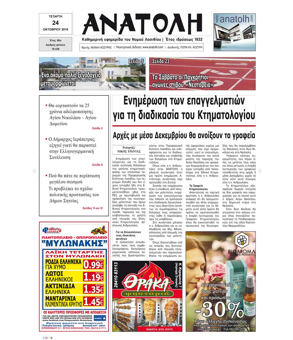 Πρωτοσέλιδο εφημερίδας Ανατολή
