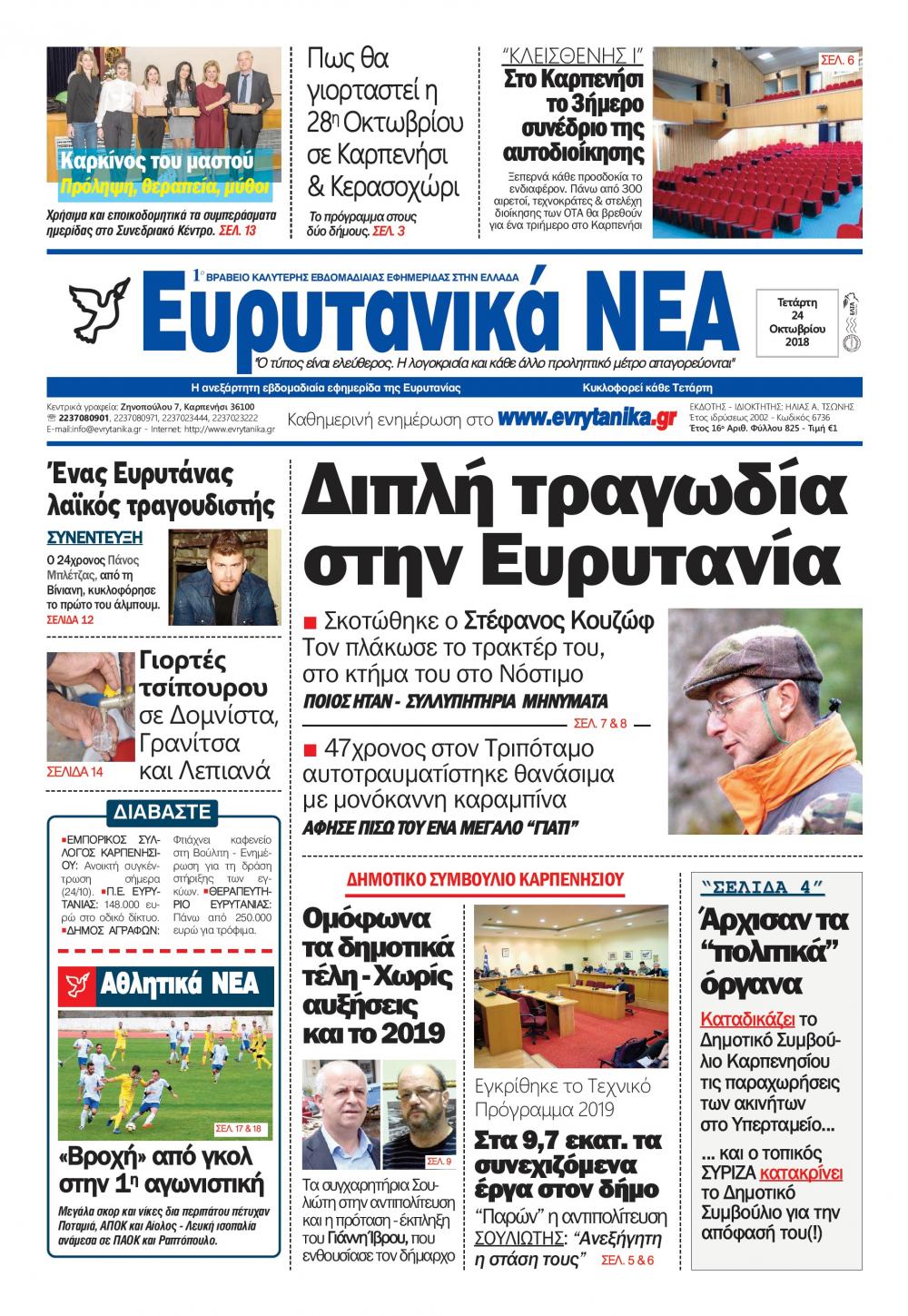 Πρωτοσέλιδο εφημερίδας Ευρυτανικά Νέα