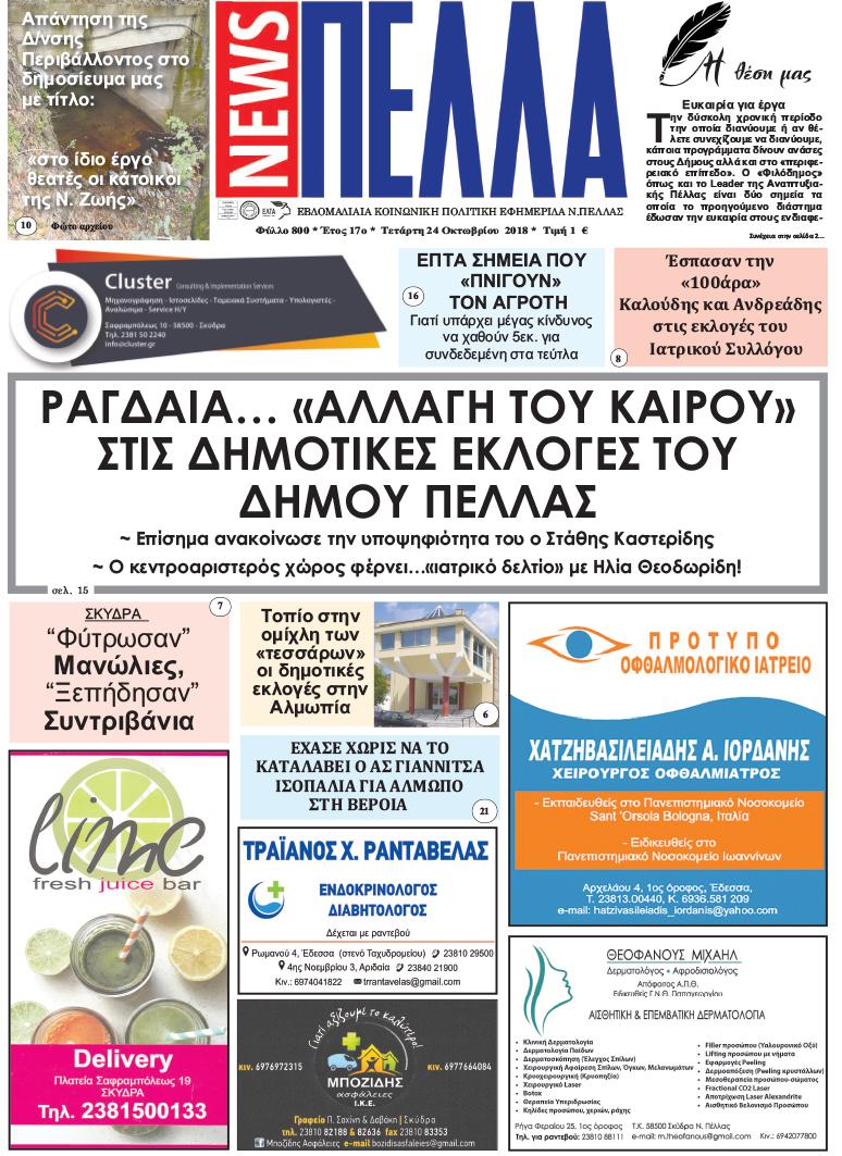 Πρωτοσέλιδο εφημερίδας Πέλλα news