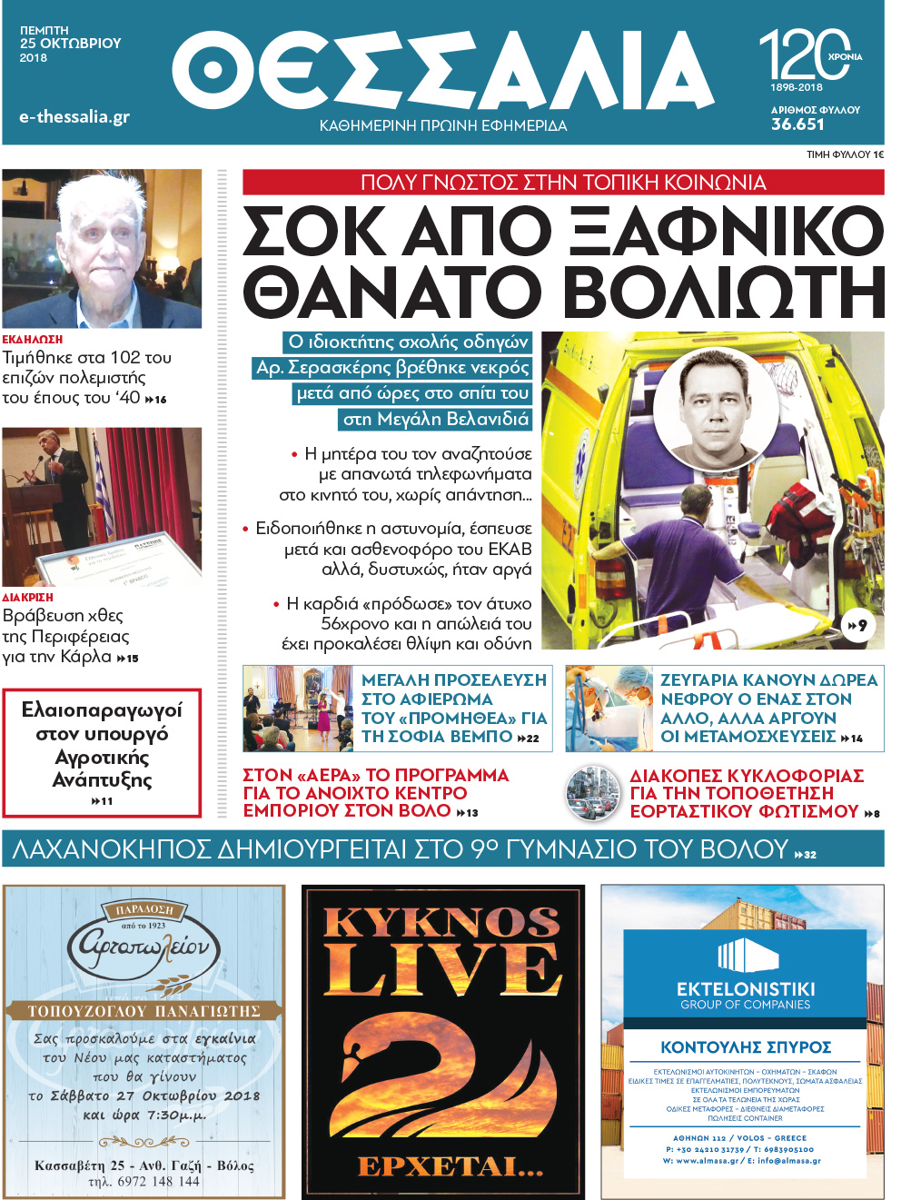 Πρωτοσέλιδο εφημερίδας Θεσσαλία