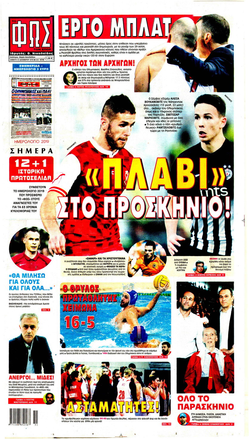 Πρωτοσέλιδο εφημερίδας Φως των σπορ