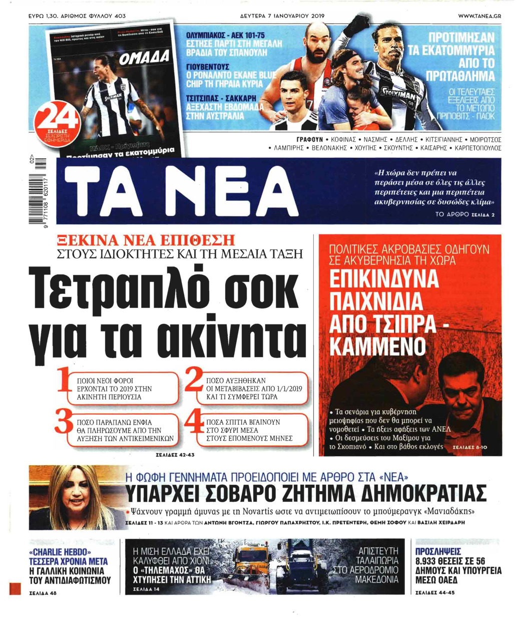 Πρωτοσέλιδο εφημερίδας Τα Νέα