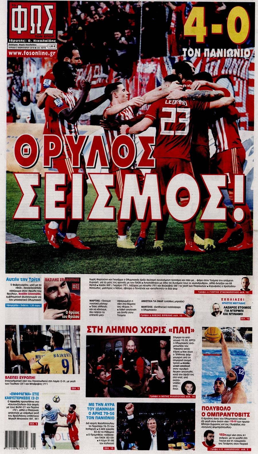 Πρωτοσέλιδο εφημερίδας Φως των σπορ