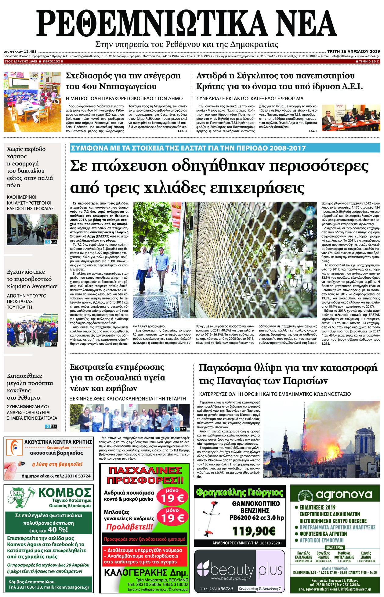 Πρωτοσέλιδο εφημερίδας Ρεθεμνιώτικα Νέα