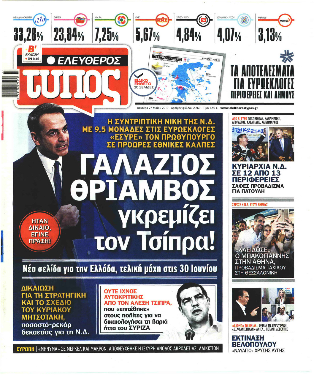 Πρωτοσέλιδο εφημερίδας Ελεύθερος Τύπος