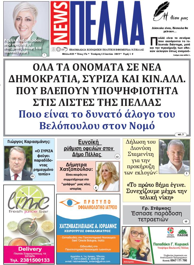 Πρωτοσέλιδο εφημερίδας Πέλλα news