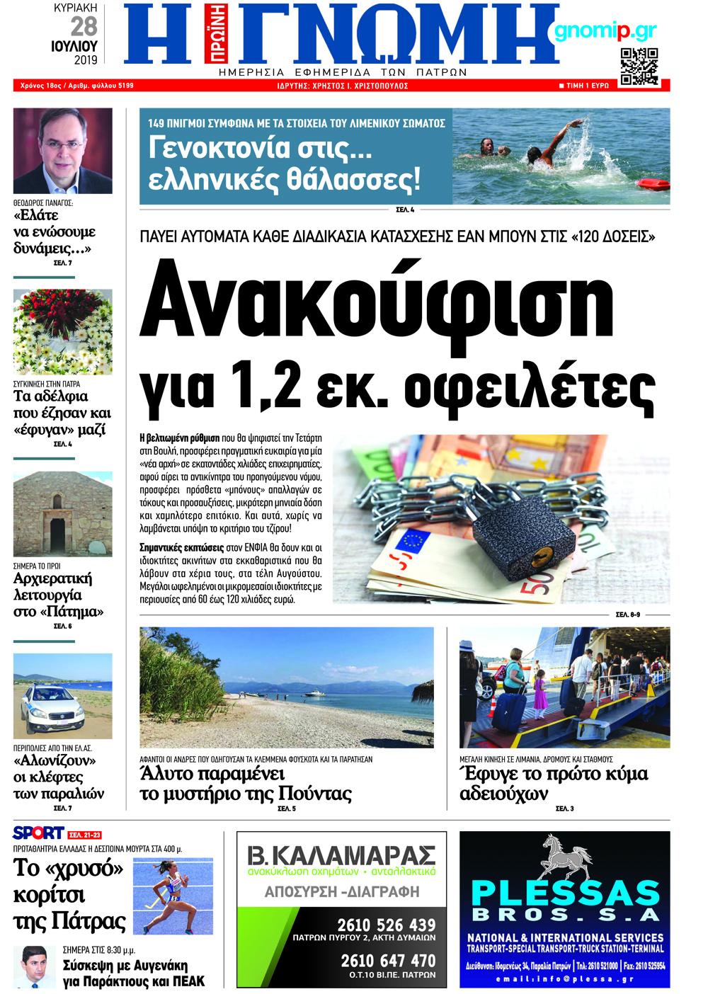 Πρωτοσέλιδο εφημερίδας Γνώμη της Πάτρας
