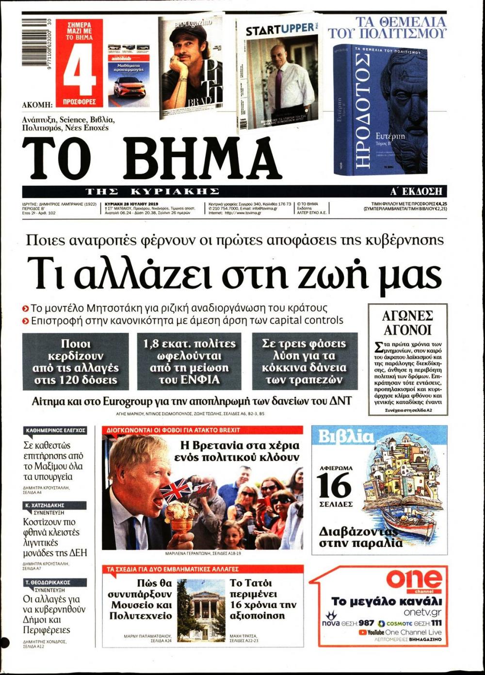 Πρωτοσέλιδο εφημερίδας Το Βήμα της Κυριακής