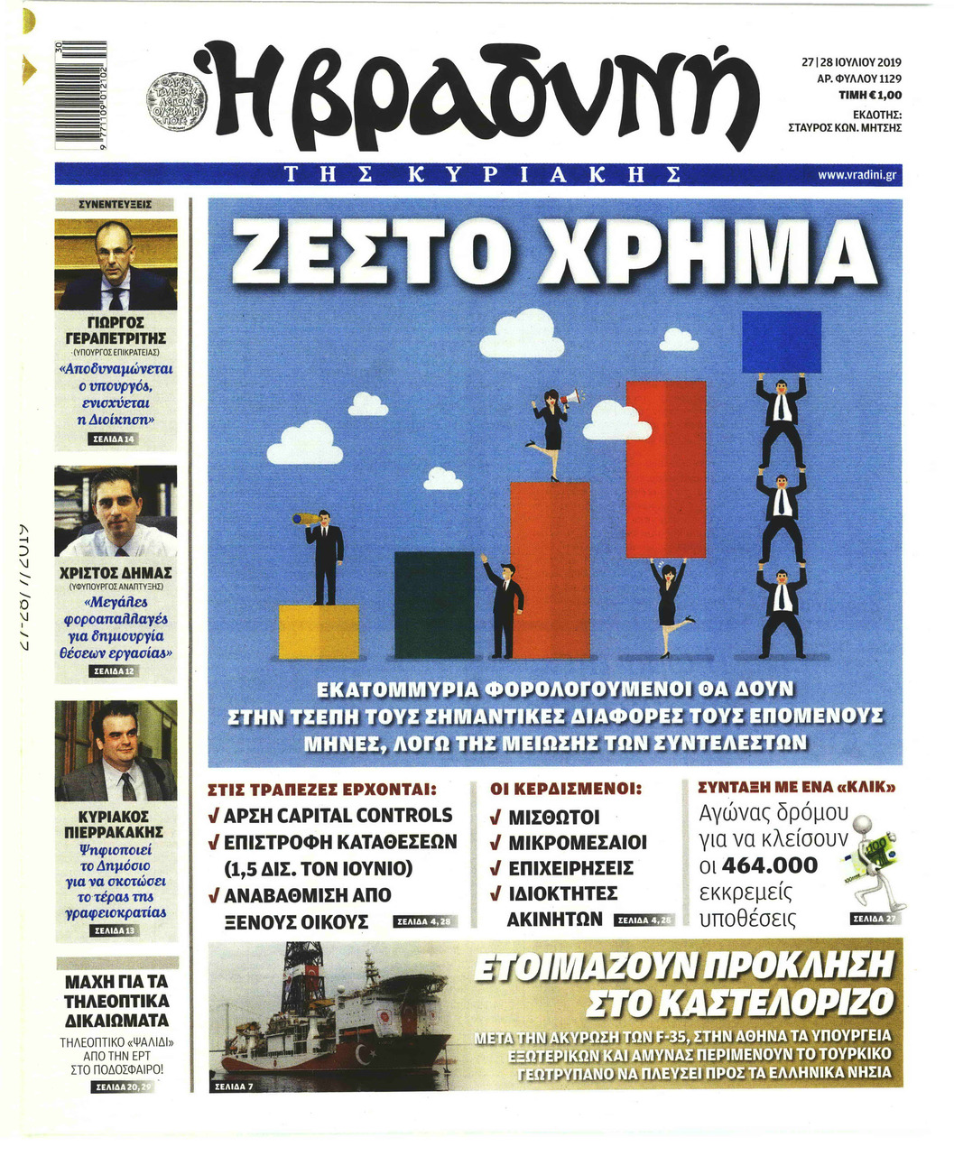 Πρωτοσέλιδο εφημερίδας Βραδυνή Κ.