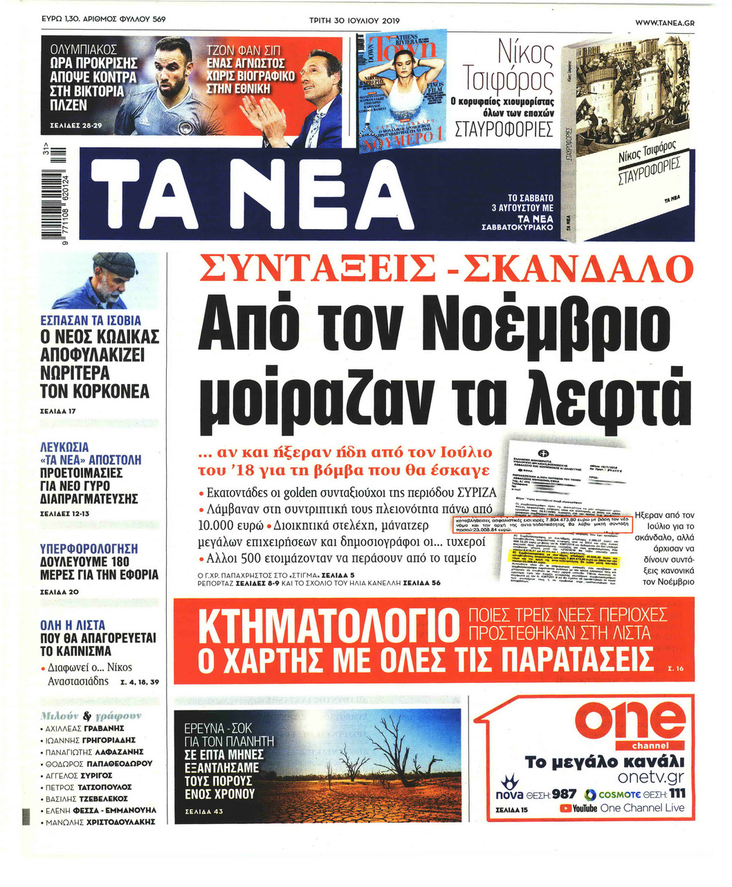 Πρωτοσέλιδο εφημερίδας Τα Νέα