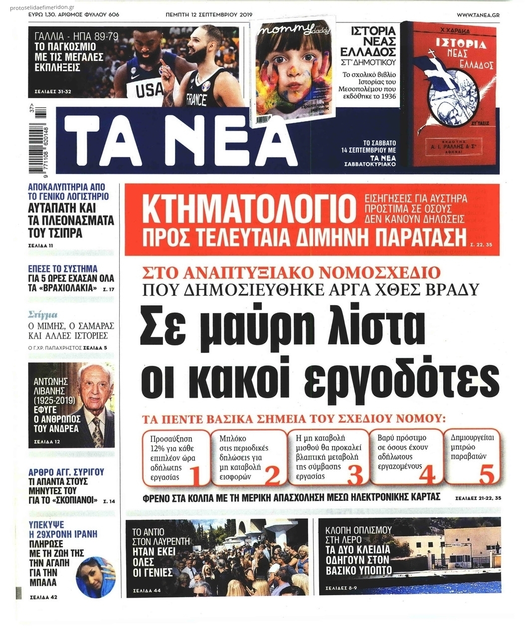 Πρωτοσέλιδο εφημερίδας Τα Νέα