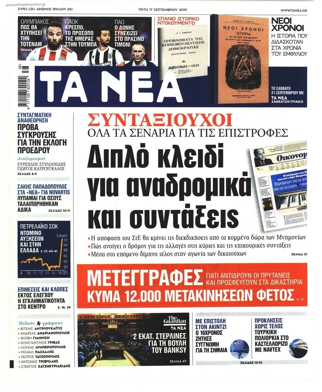 Πρωτοσέλιδο εφημερίδας Τα Νέα