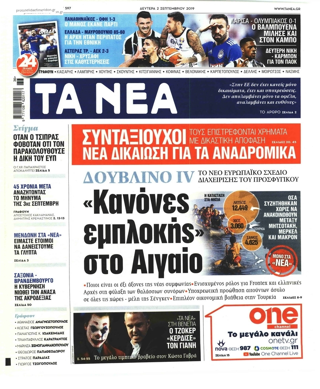 Πρωτοσέλιδο εφημερίδας Τα Νέα