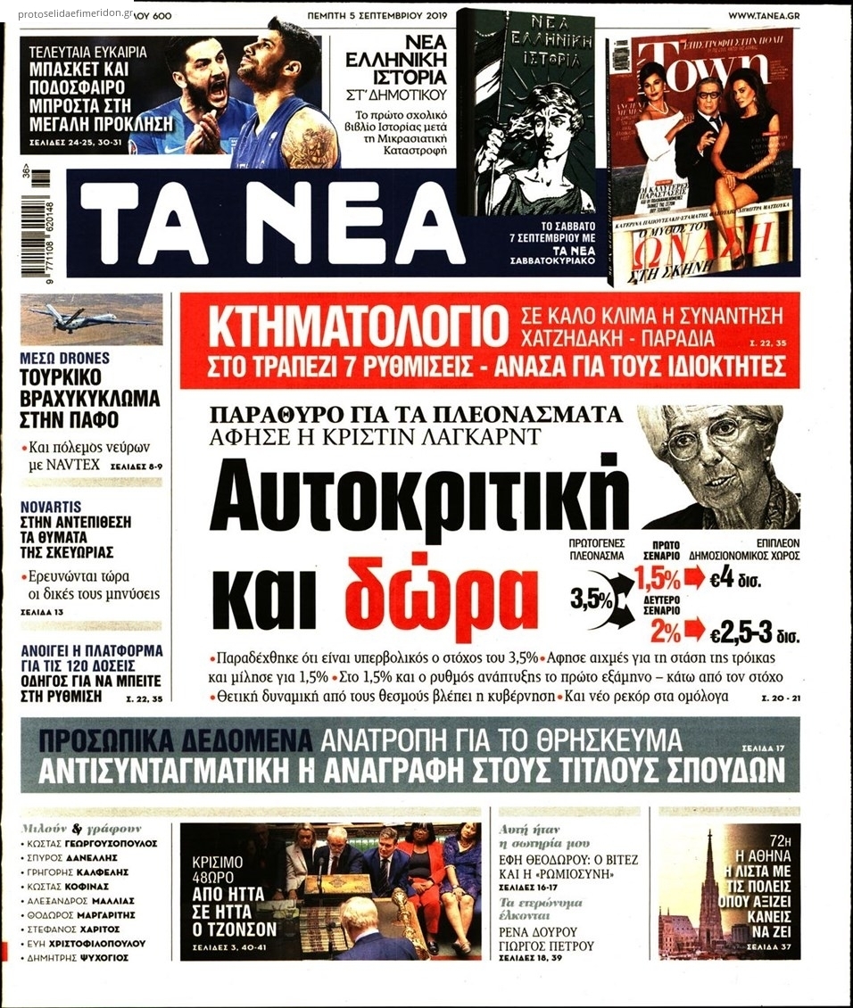 Πρωτοσέλιδο εφημερίδας Τα Νέα