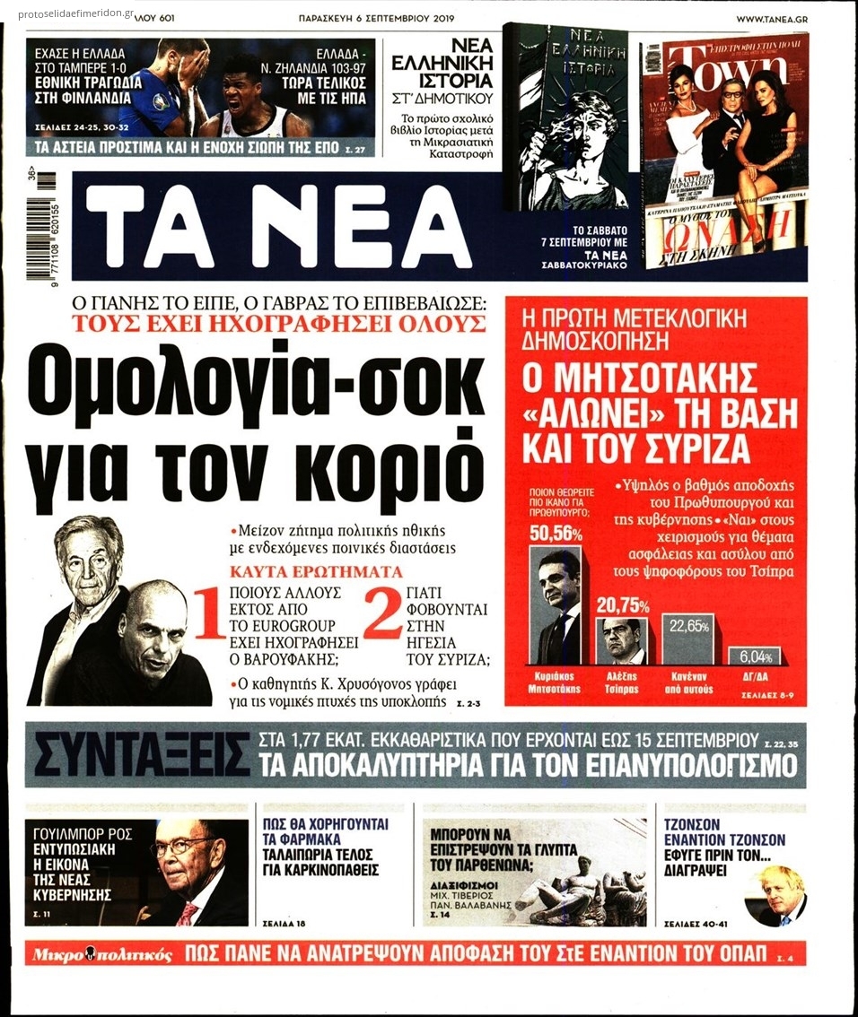 Πρωτοσέλιδο εφημερίδας Τα Νέα