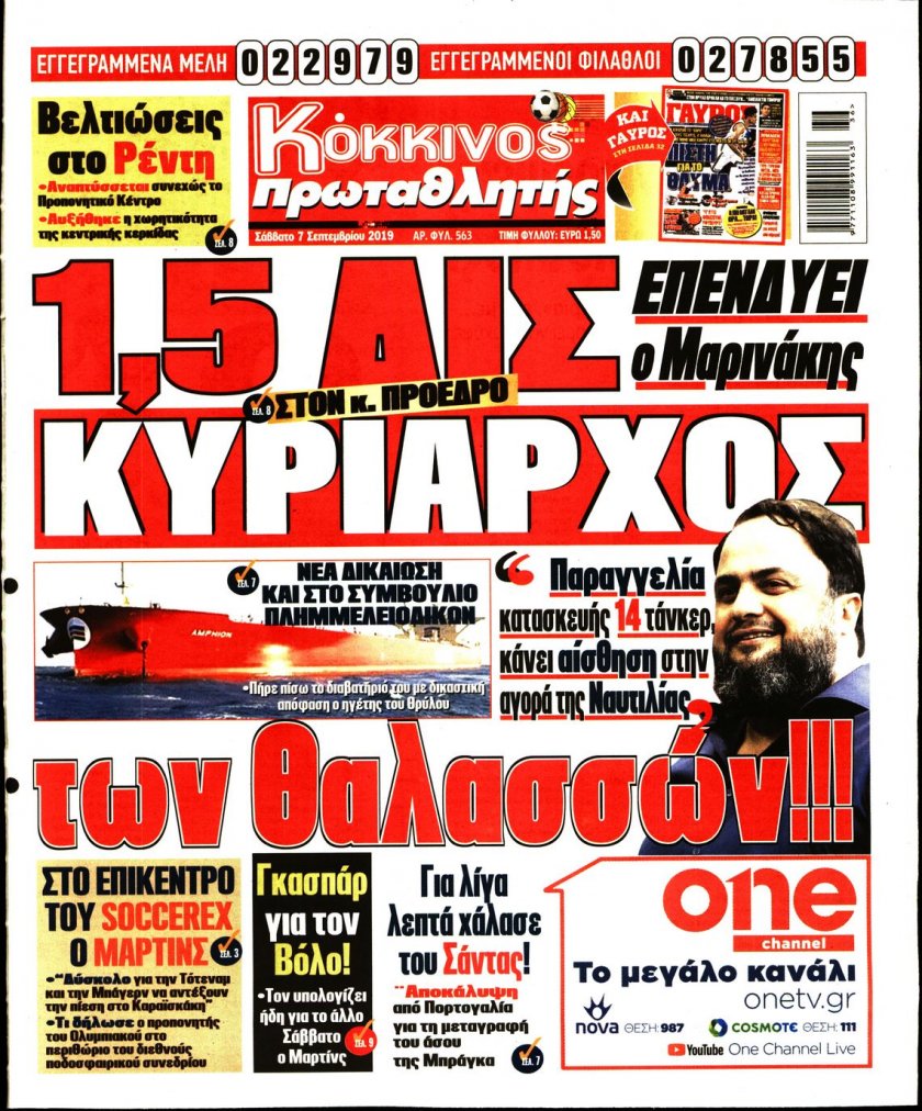 Πρωτοσέλιδο εφημερίδας Κόκκινος Πρωταθλητής