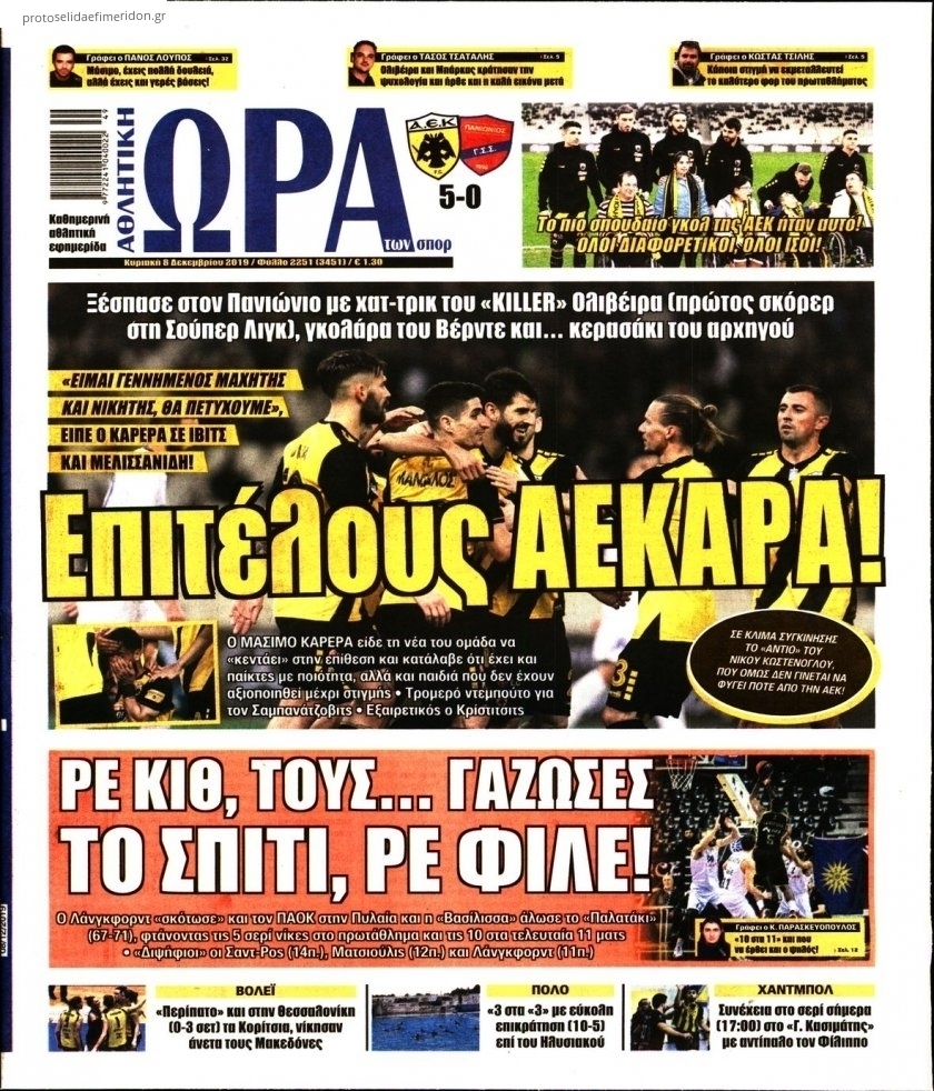 Πρωτοσέλιδο εφημερίδας Η ώρα των Σπορ