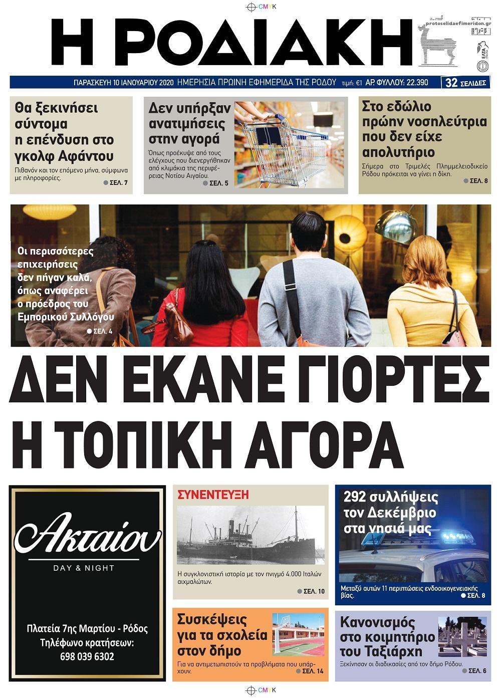 Πρωτοσέλιδο εφημερίδας Ροδιακή