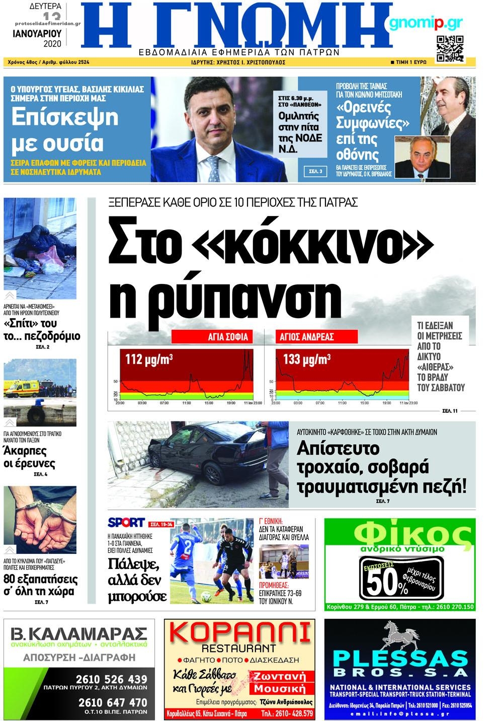 Πρωτοσέλιδο εφημερίδας Γνώμη της Πάτρας