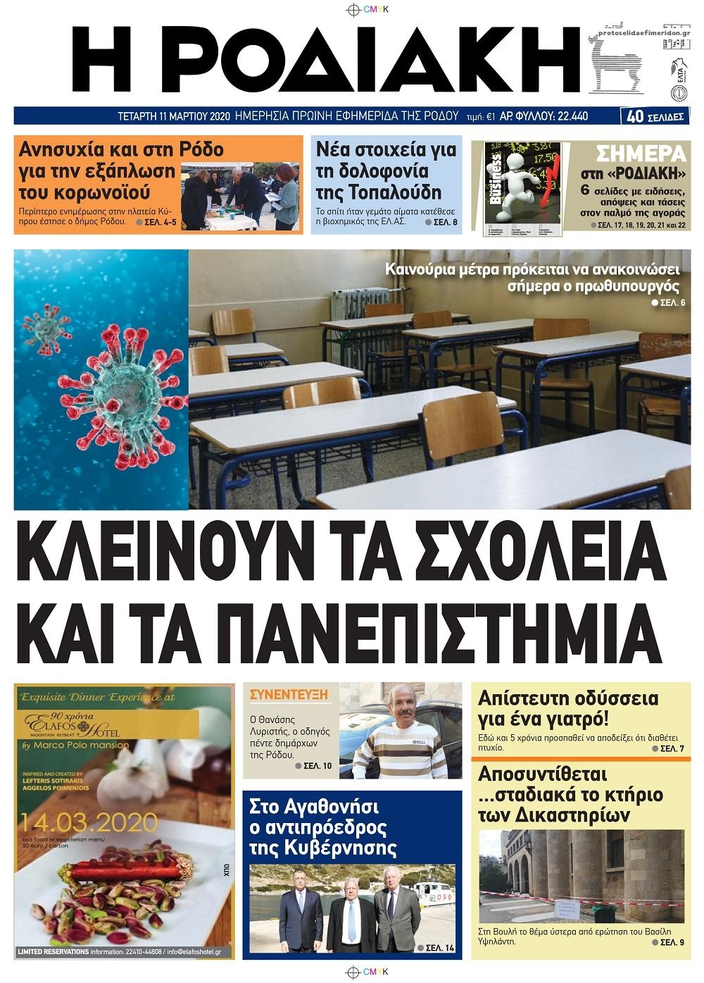 Πρωτοσέλιδο εφημερίδας Ροδιακή