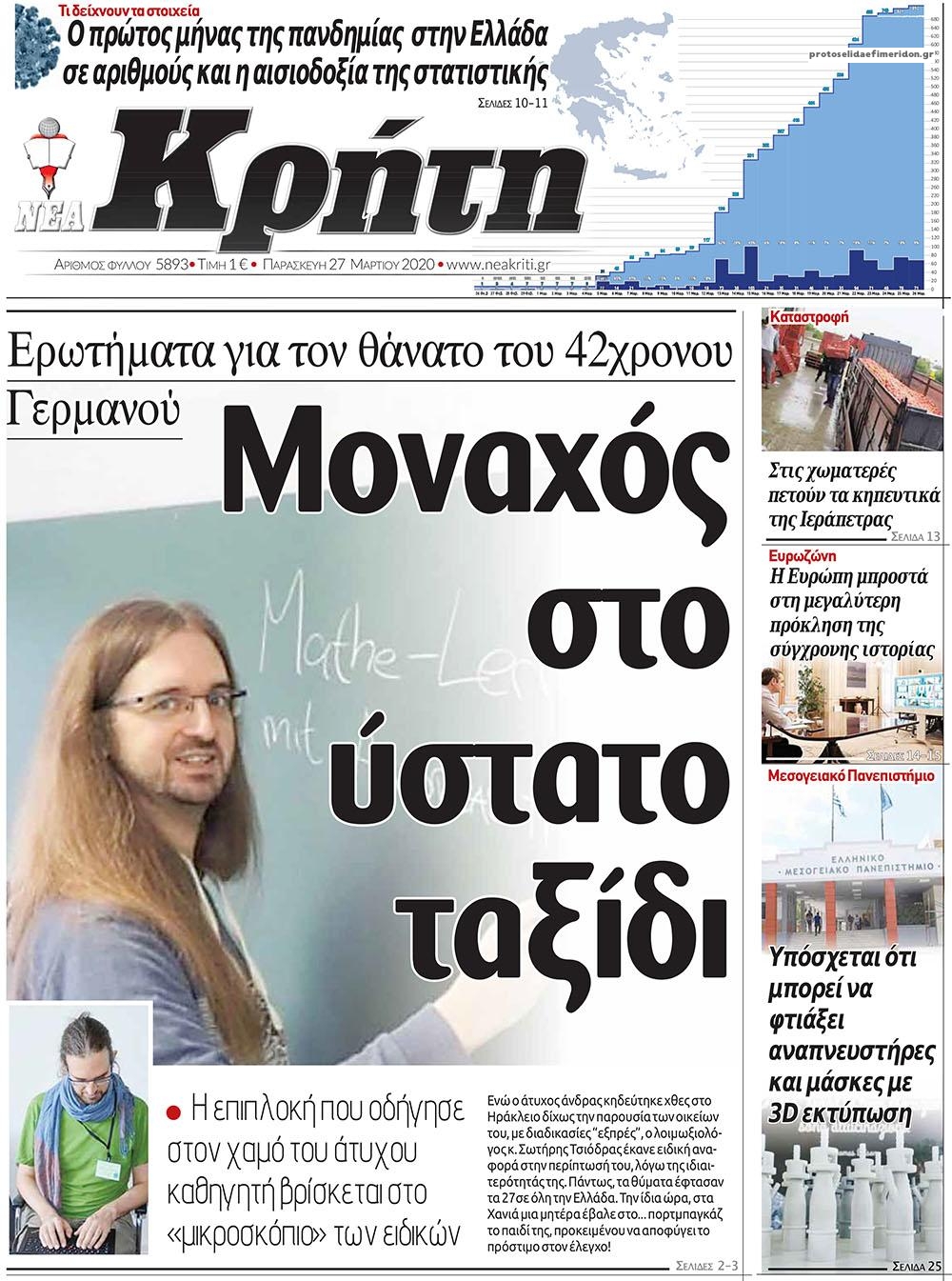 Πρωτοσέλιδο εφημερίδας Νέα Κρήτη