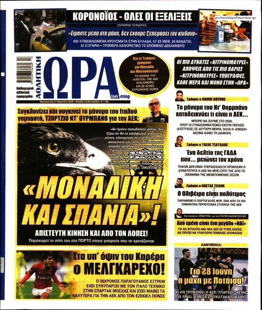 Πρωτοσέλιδο εφημερίδας Η ώρα των Σπορ