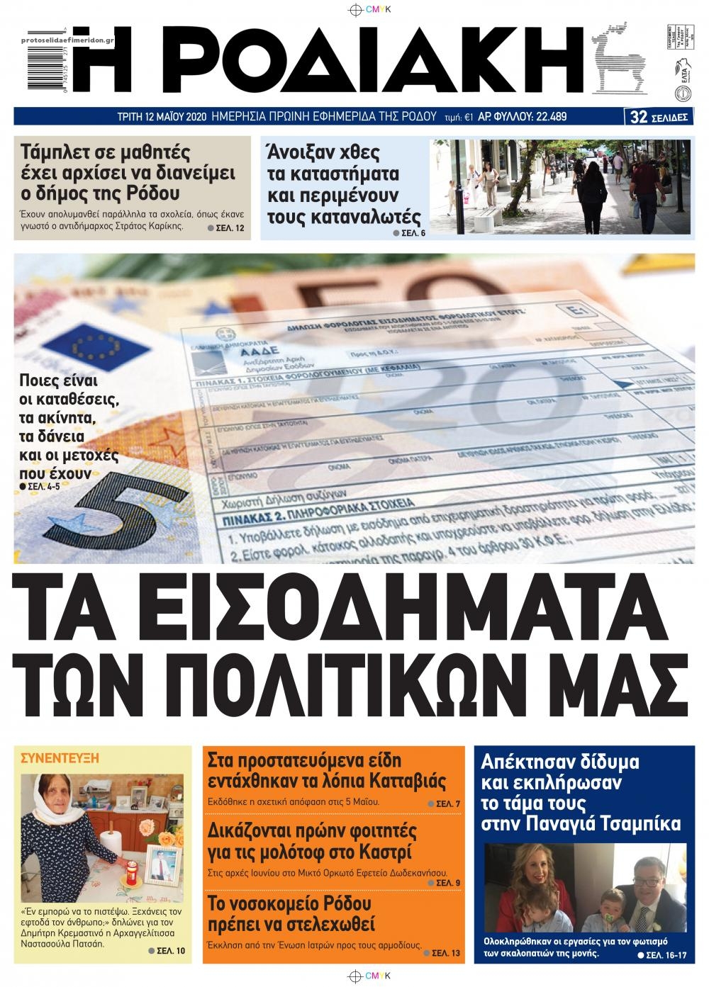 Πρωτοσέλιδο εφημερίδας Ροδιακή