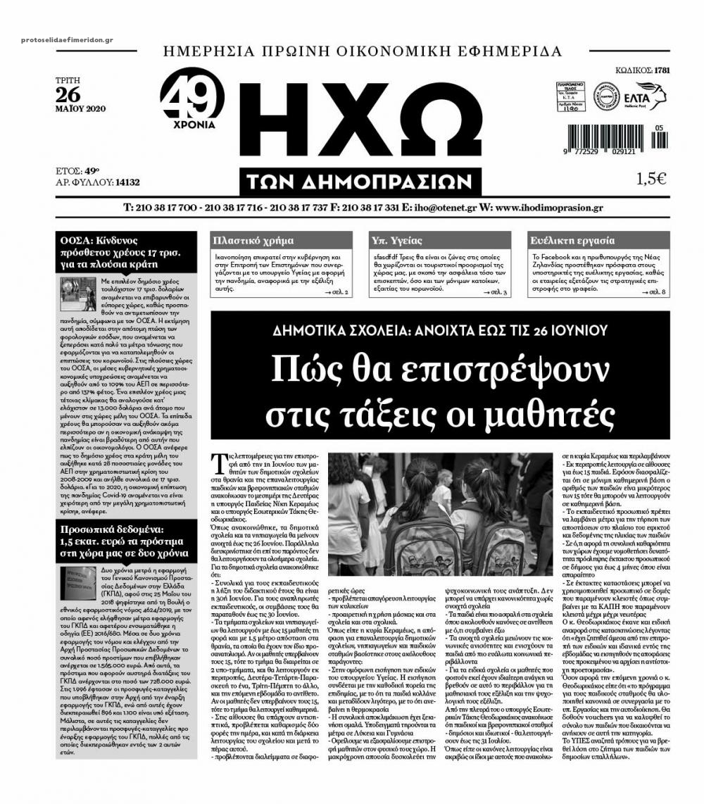 Πρωτοσέλιδο εφημερίδας Ηχώ