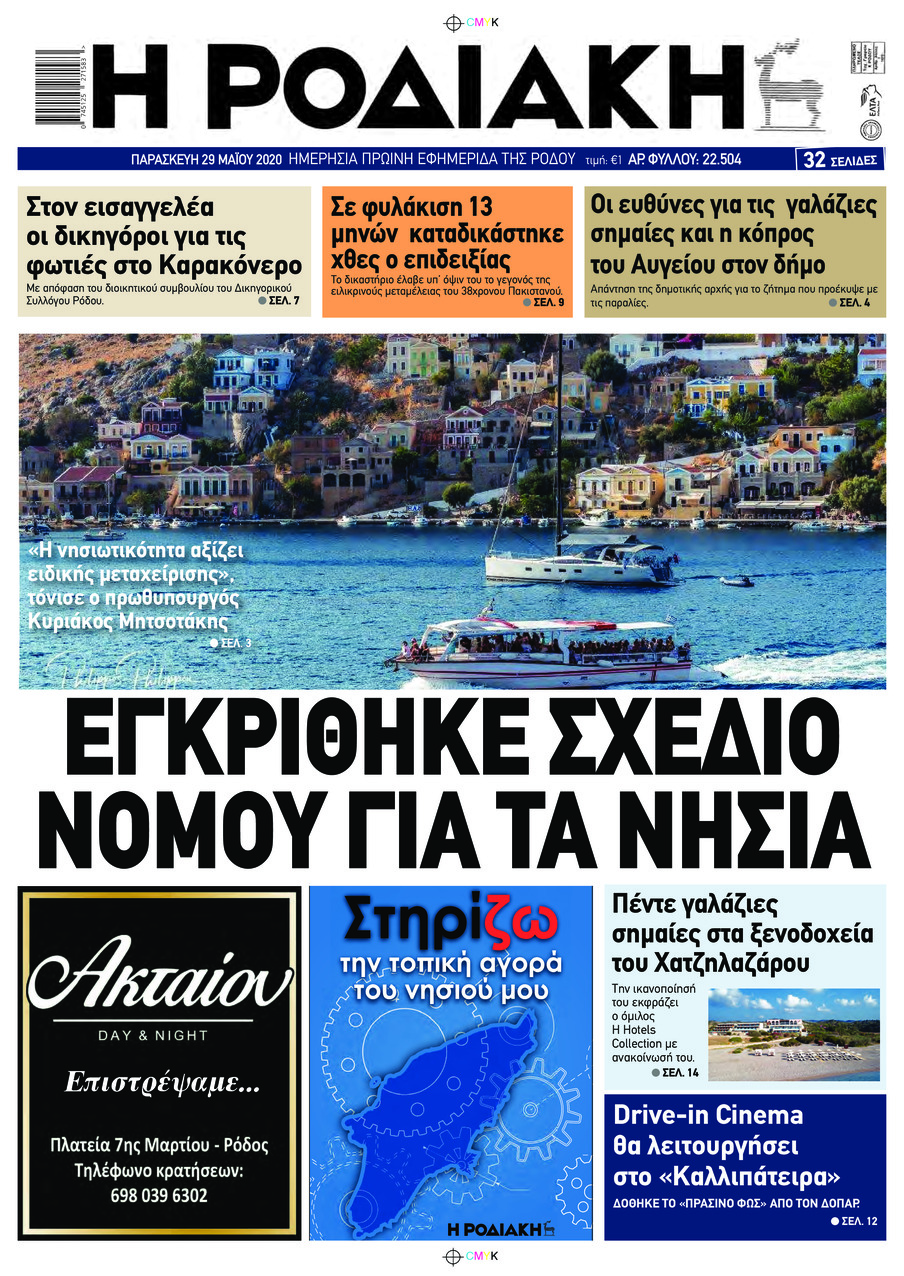 Πρωτοσέλιδο εφημερίδας Ροδιακή