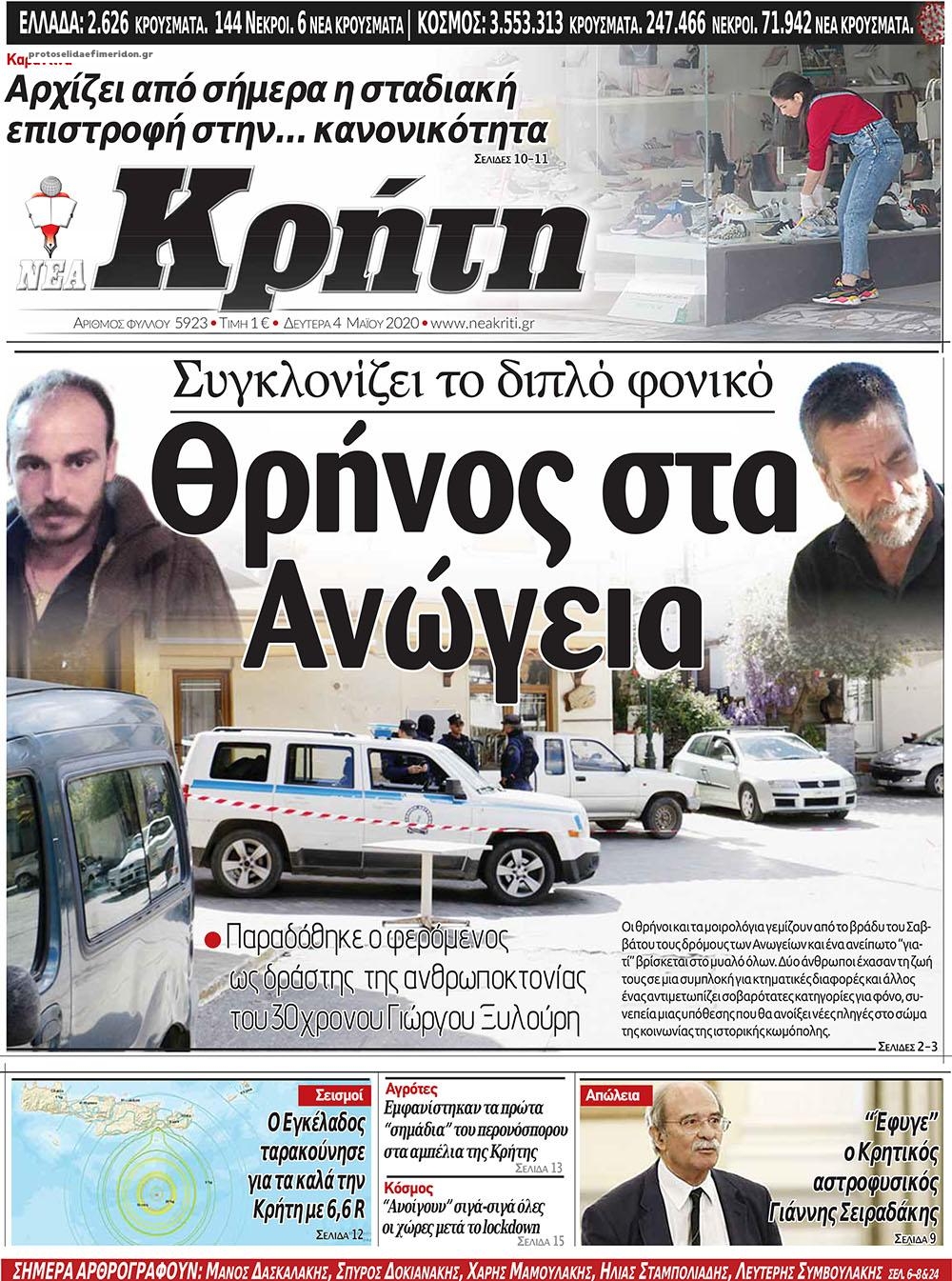 Πρωτοσέλιδο εφημερίδας Νέα Κρήτη