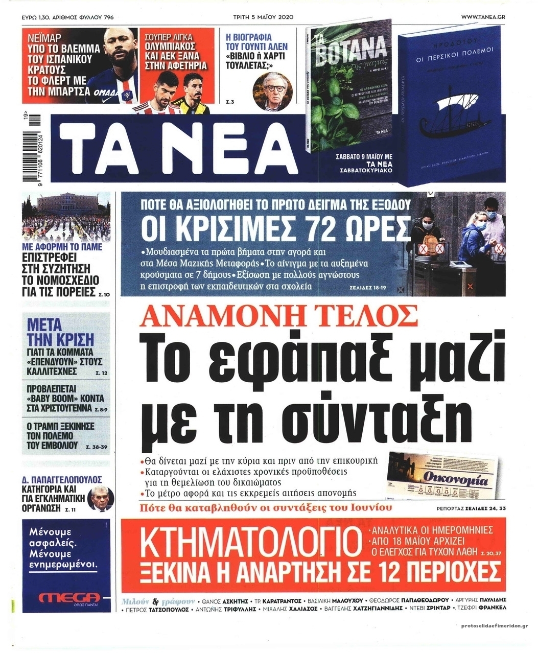 Πρωτοσέλιδο εφημερίδας Τα Νέα