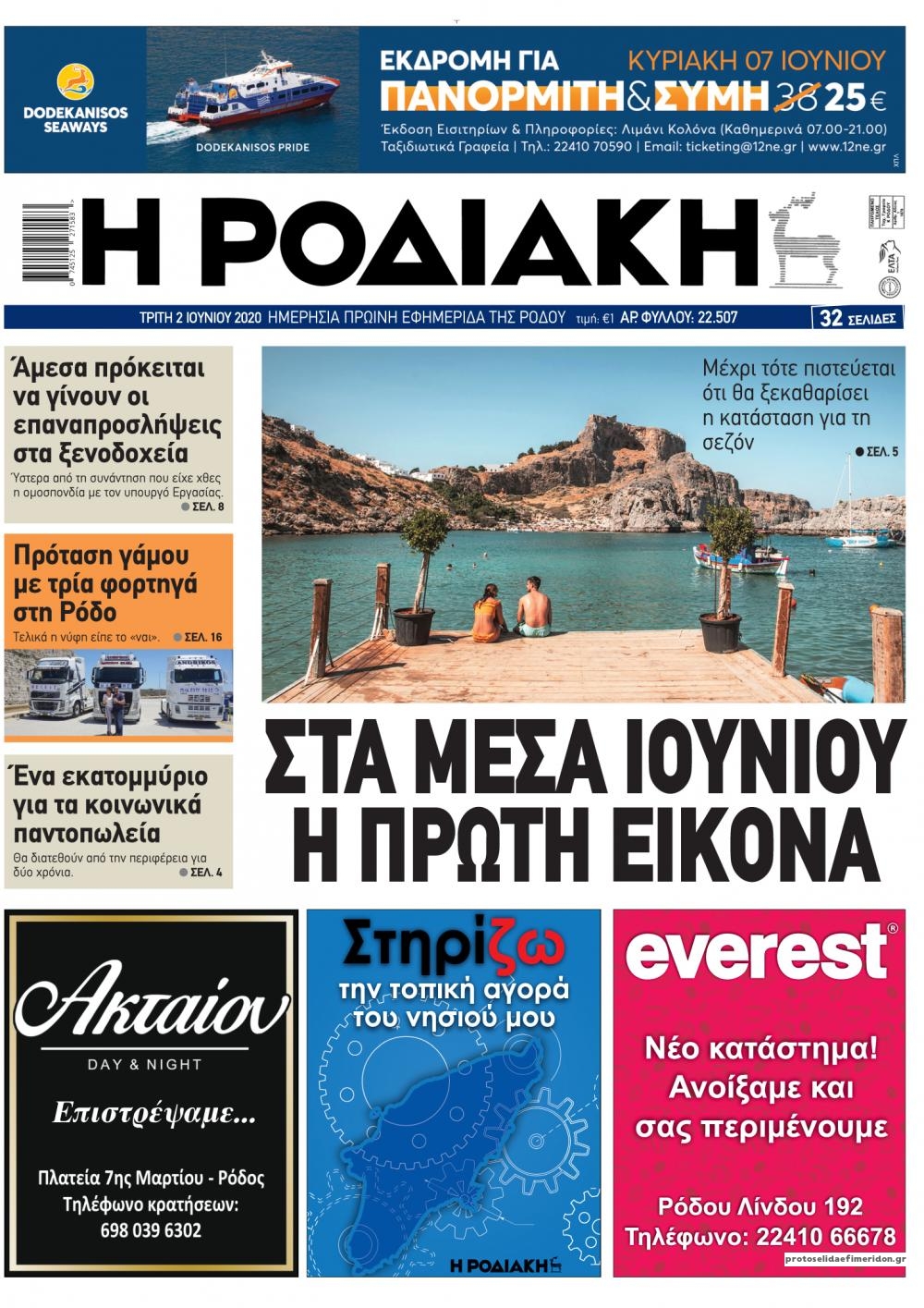 Πρωτοσέλιδο εφημερίδας Ροδιακή