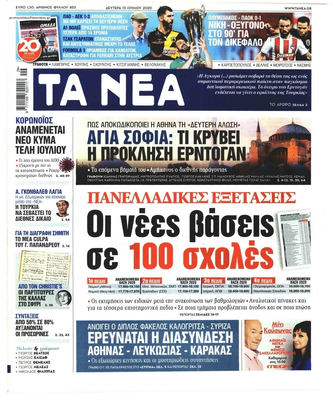 Πρωτοσέλιδο εφημερίδας Τα Νέα