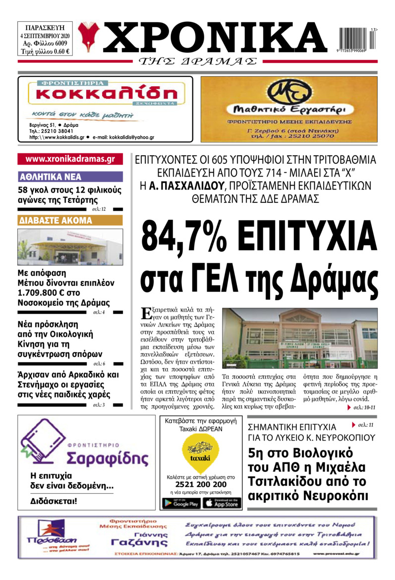 Πρωτοσέλιδο εφημερίδας Χρονικά Δράμας