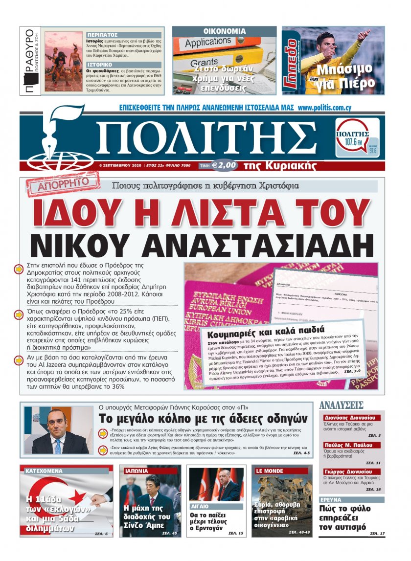 Πρωτοσέλιδο εφημερίδας Πολίτης Κύπρου