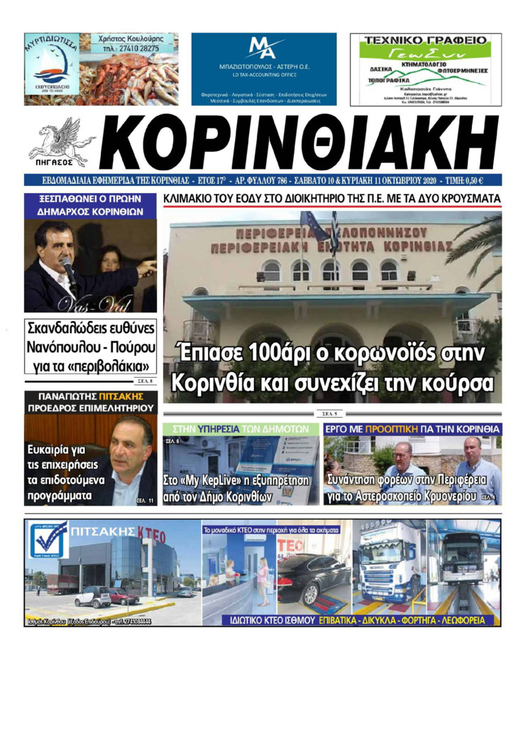 Πρωτοσέλιδο εφημερίδας Κορινθιακή