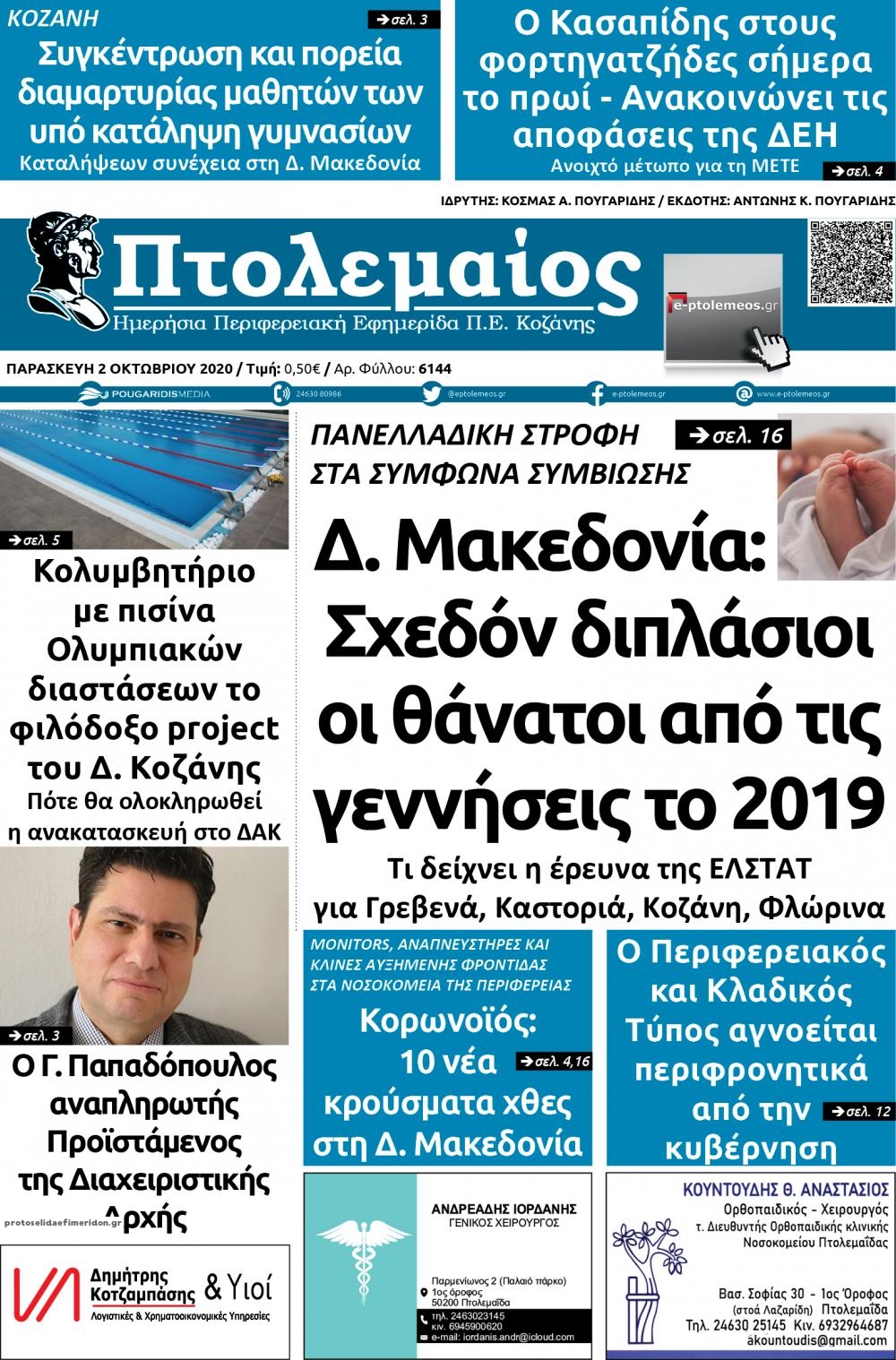 Πρωτοσέλιδο εφημερίδας Πτολεμαίος