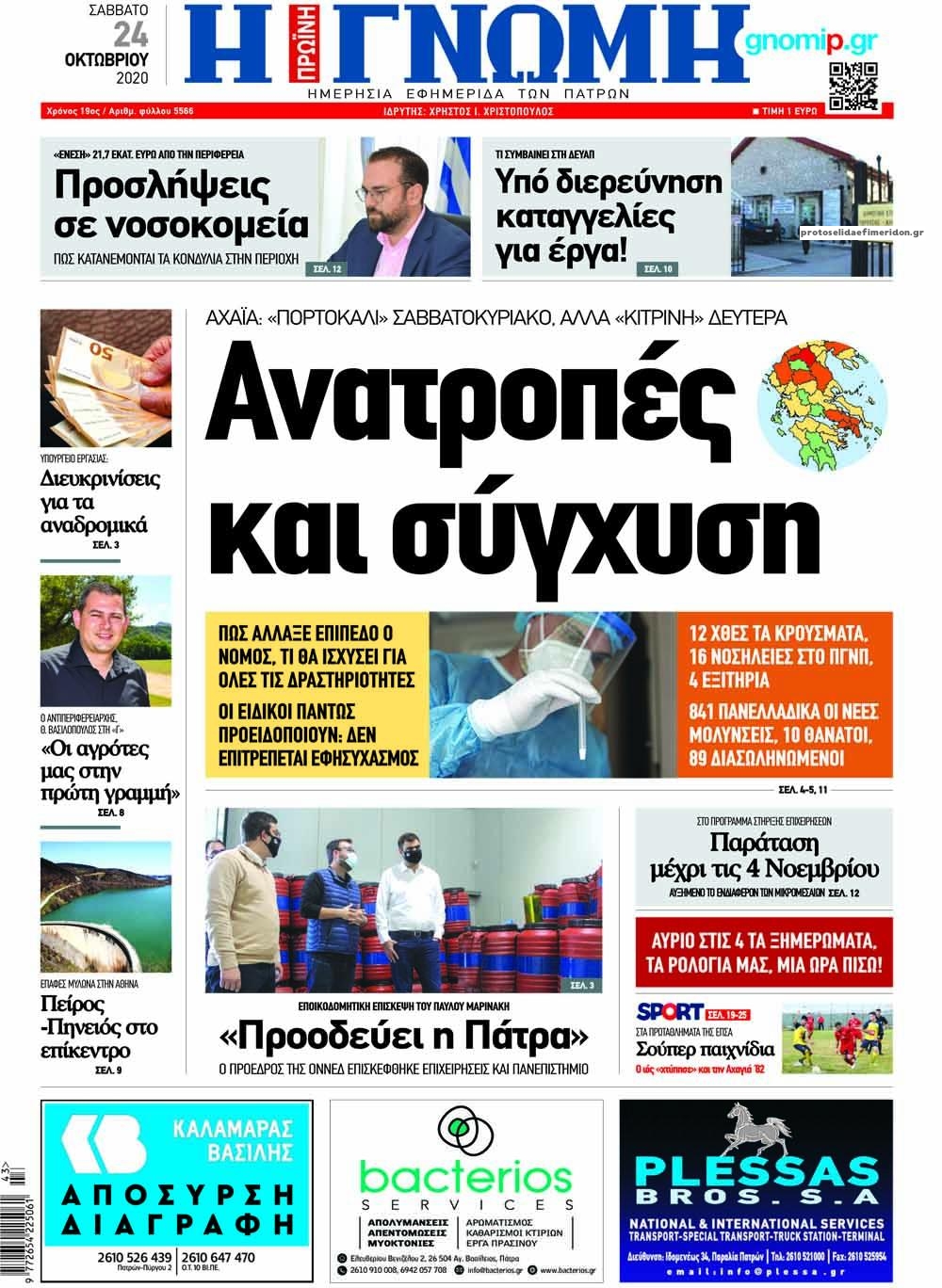 Πρωτοσέλιδο εφημερίδας Γνώμη της Πάτρας