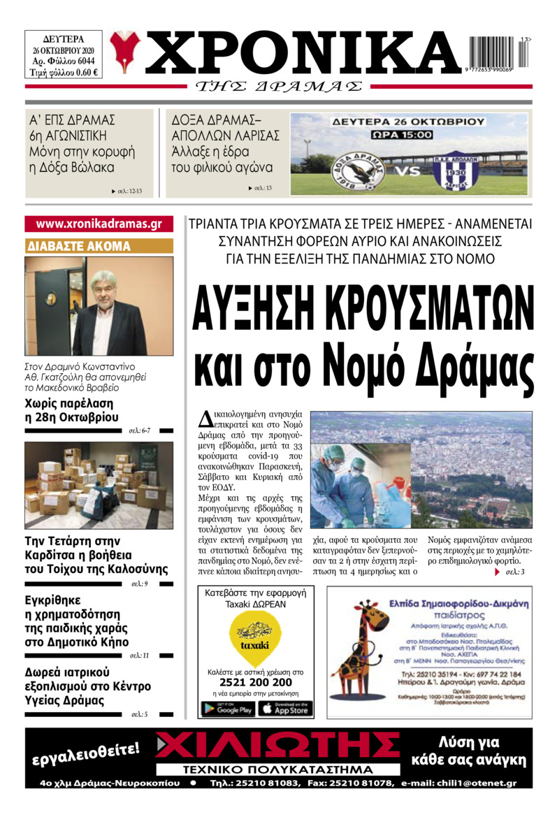 Πρωτοσέλιδο εφημερίδας Χρονικά Δράμας