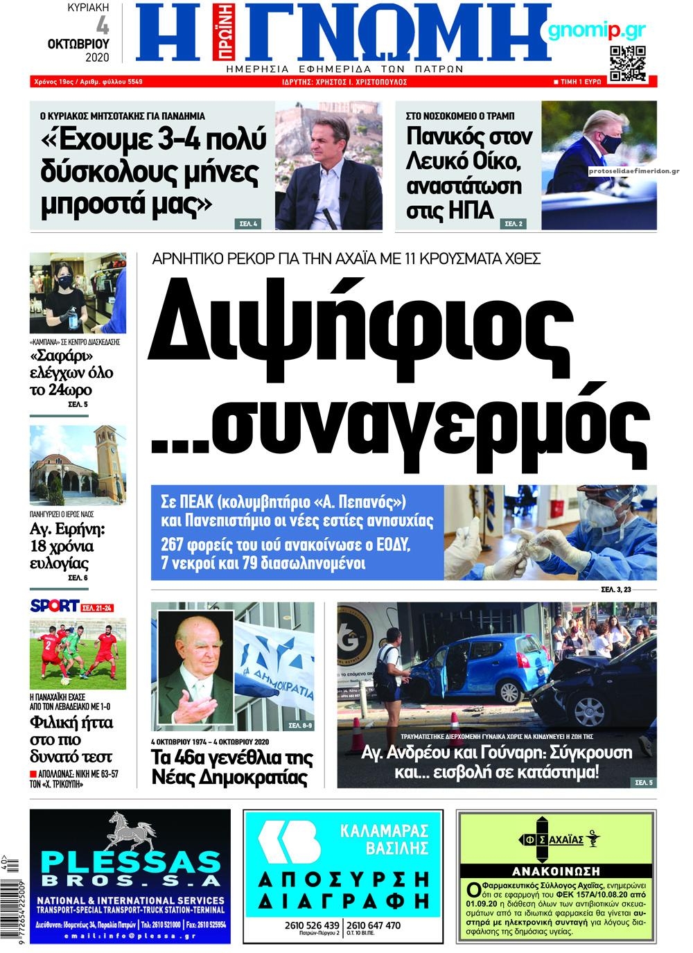 Πρωτοσέλιδο εφημερίδας Γνώμη της Πάτρας