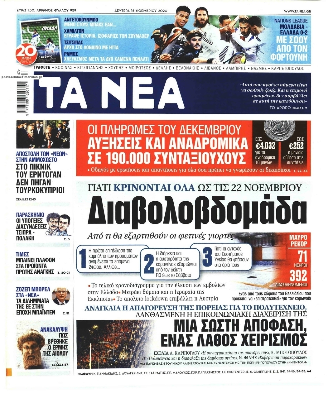 Πρωτοσέλιδο εφημερίδας Τα Νέα