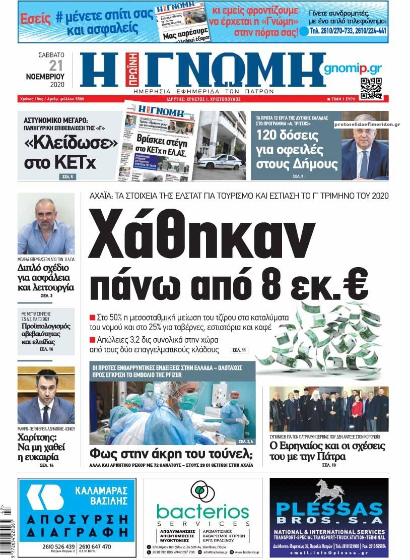 Πρωτοσέλιδο εφημερίδας Γνώμη της Πάτρας