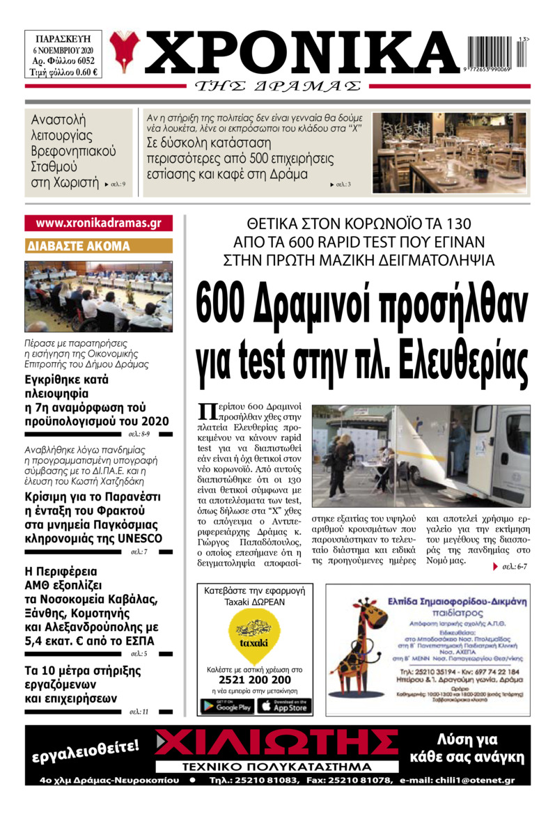 Πρωτοσέλιδο εφημερίδας Χρονικά Δράμας