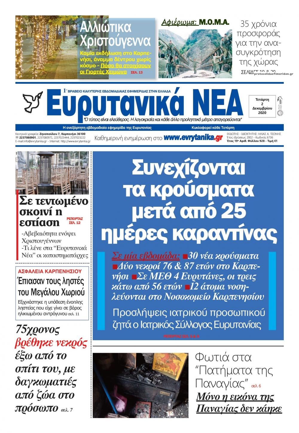Πρωτοσέλιδο εφημερίδας Ευρυτανικά Νέα